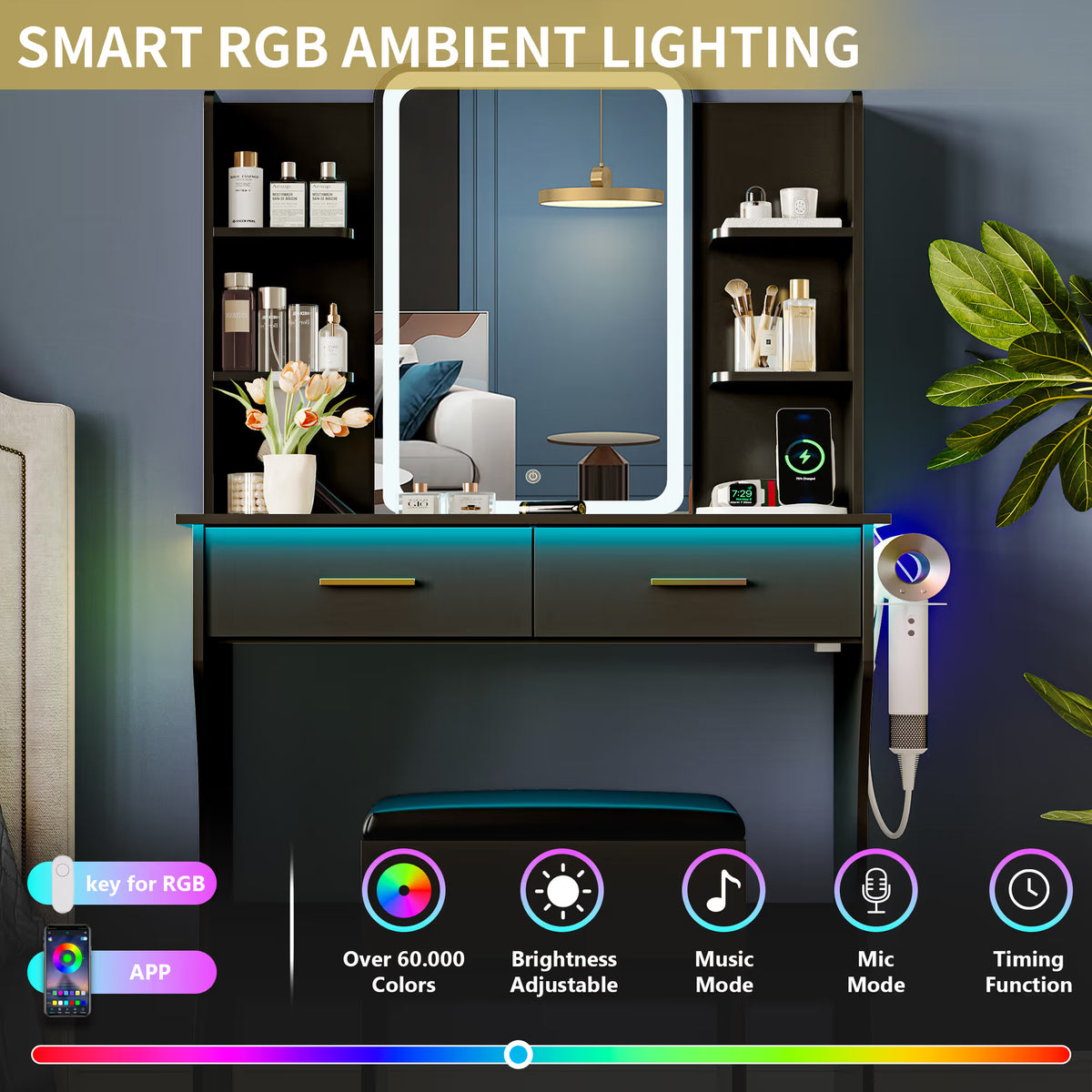 Anymaple Aurelia Black vanity desk with RGB ambient lighting for bedroom makeup table setup