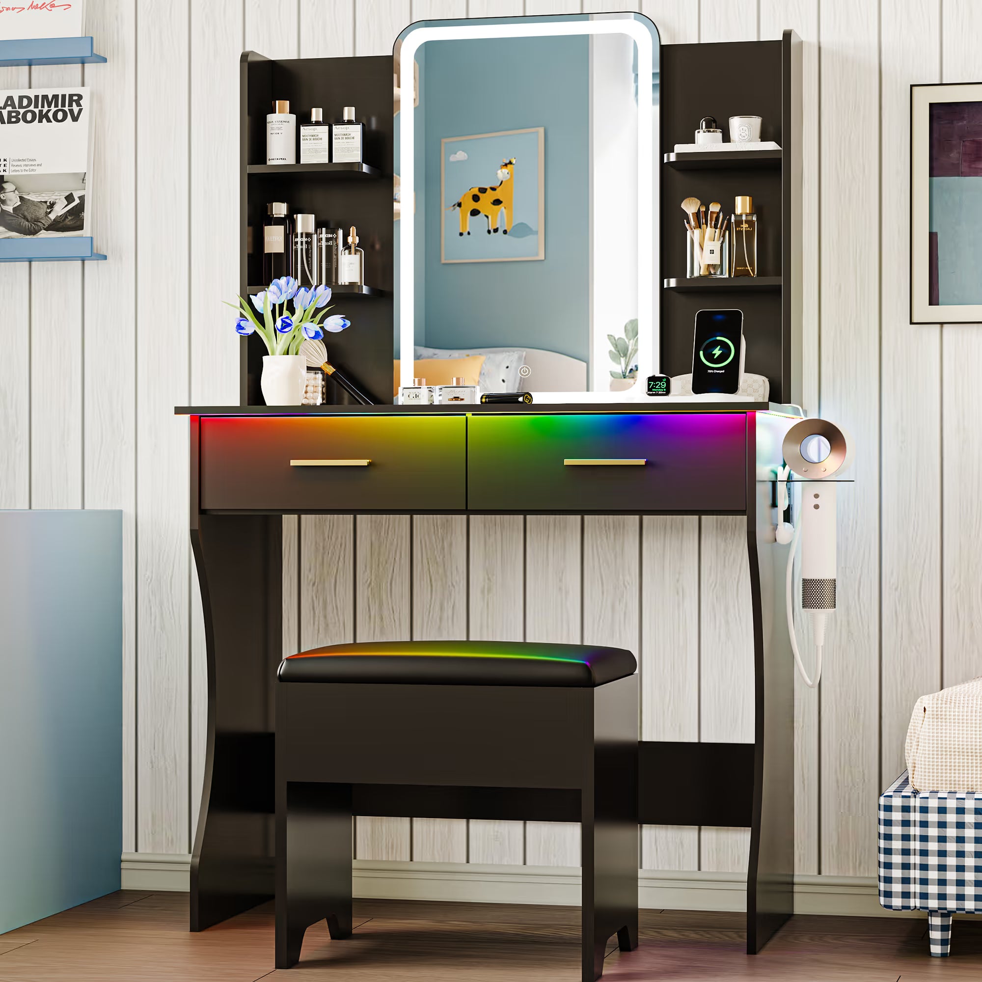 Anymaple Aurelia Black vanity desk with HD lighted mirror and lights for bedroom makeup storage