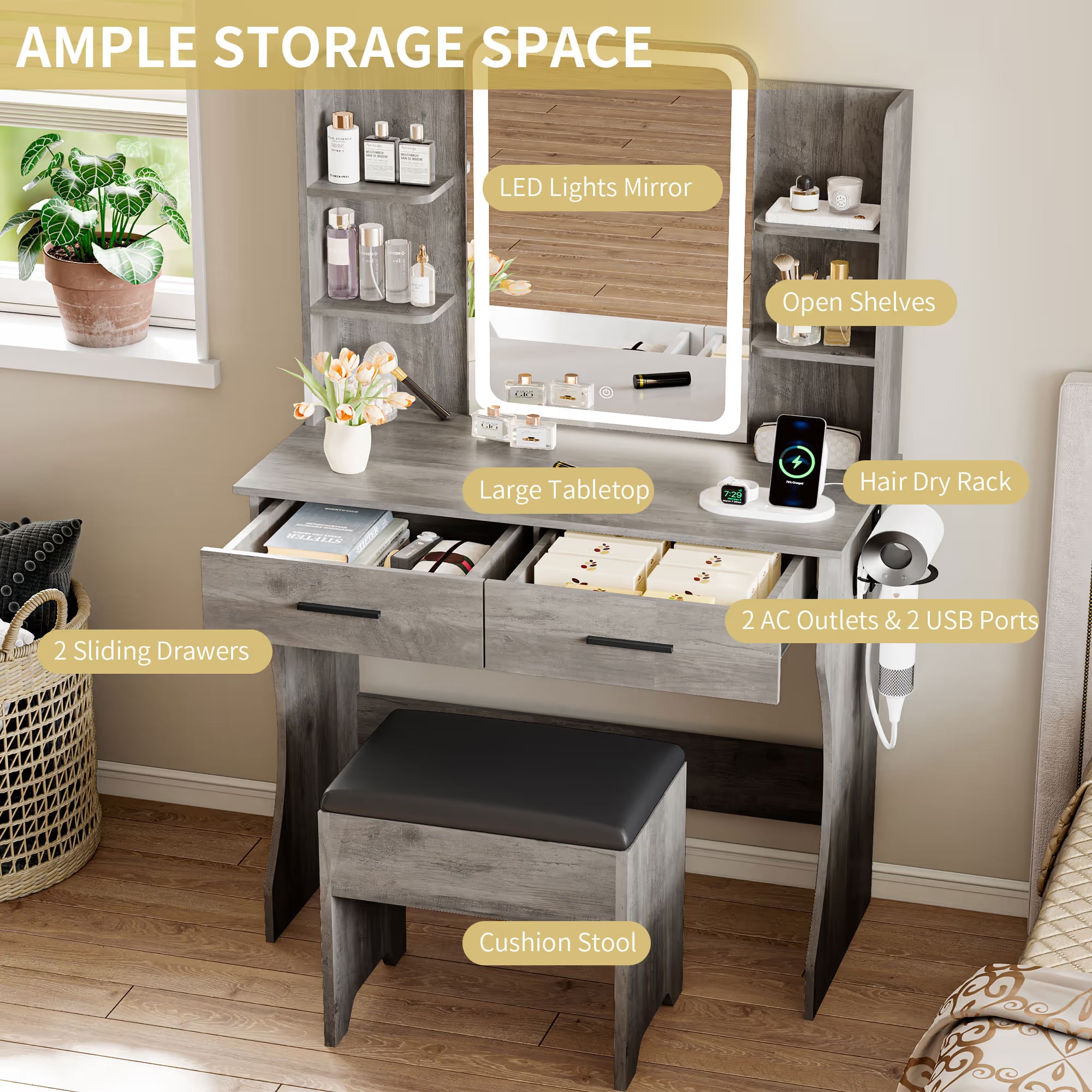 Anymaple Aurelia Gray vanity desk with 2 drawers and open shelves for makeup storage