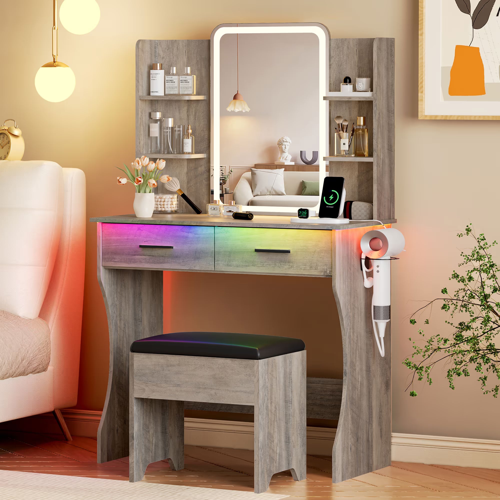Anymaple Aurelia Gray vanity desk with HD lighted mirror and lights for bedroom makeup storage