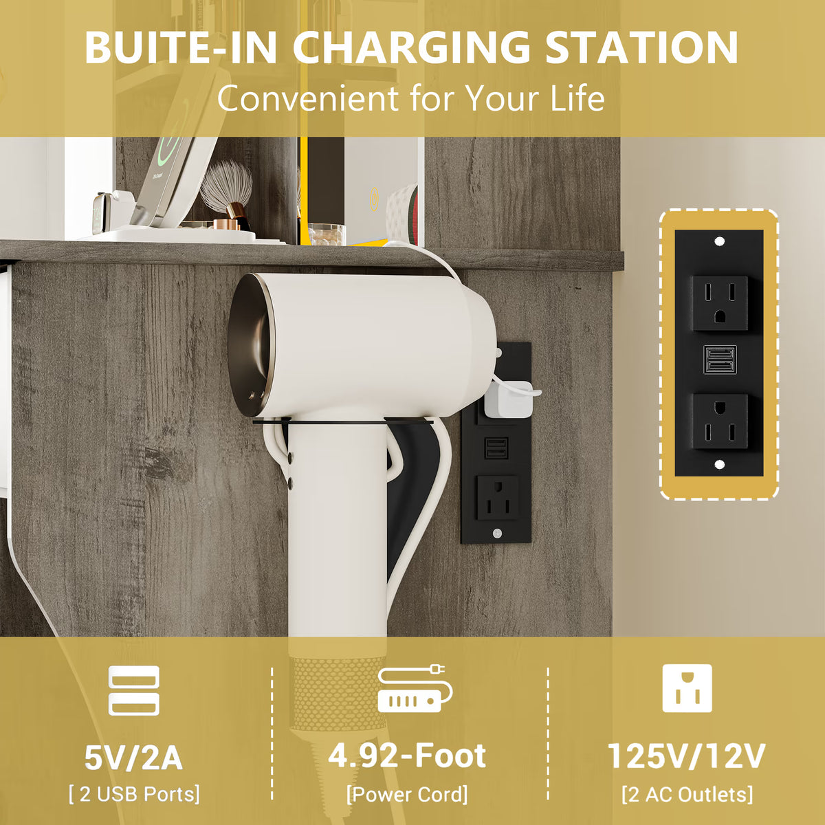 Anymaple Aurelia Gray vanity desk with built in charging station, outlets USB ports and hair dryer holder