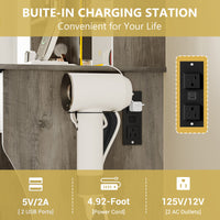 Anymaple Aurelia Gray vanity desk with built in charging station, outlets USB ports and hair dryer holder