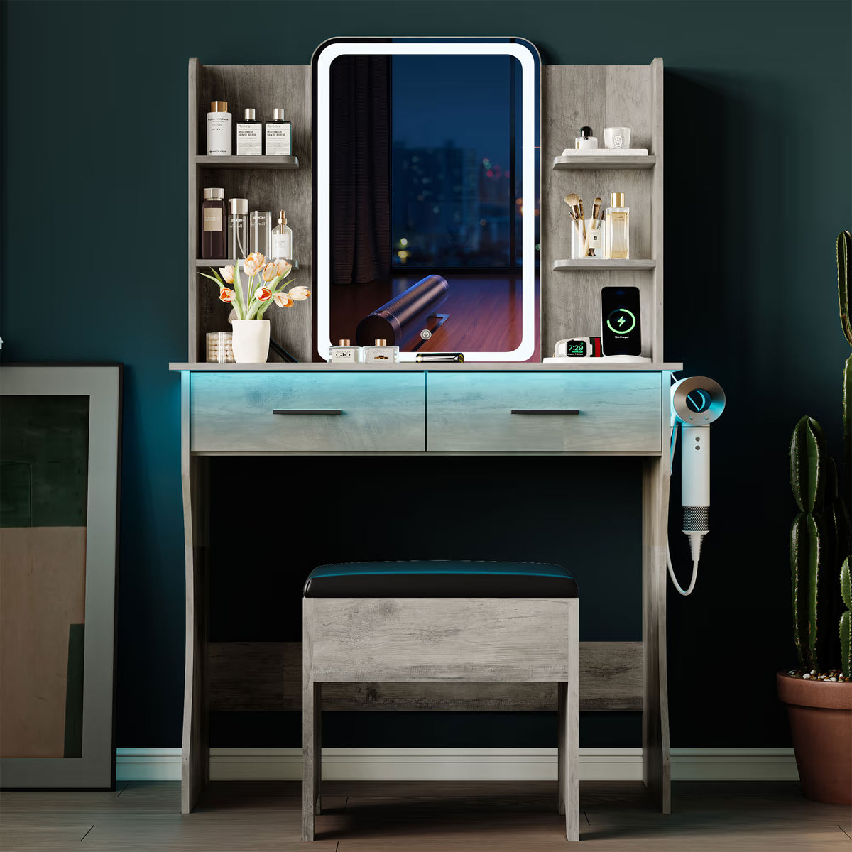 Anymaple Aurelia Gray vanity desk with HD lighted mirror and lights for bedroom makeup storage