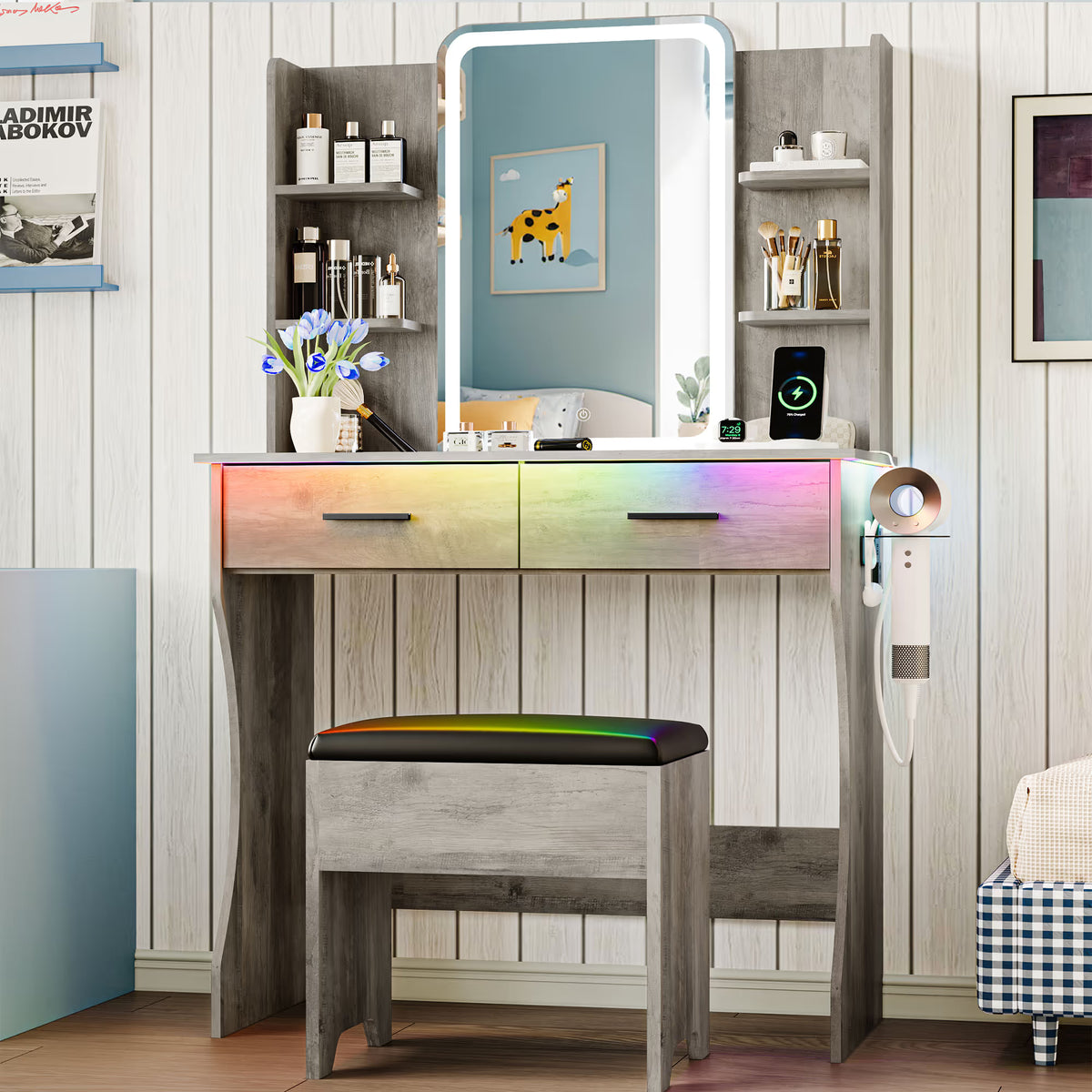 Anymaple Aurelia Gray vanity desk with HD lighted mirror and lights for bedroom makeup storage