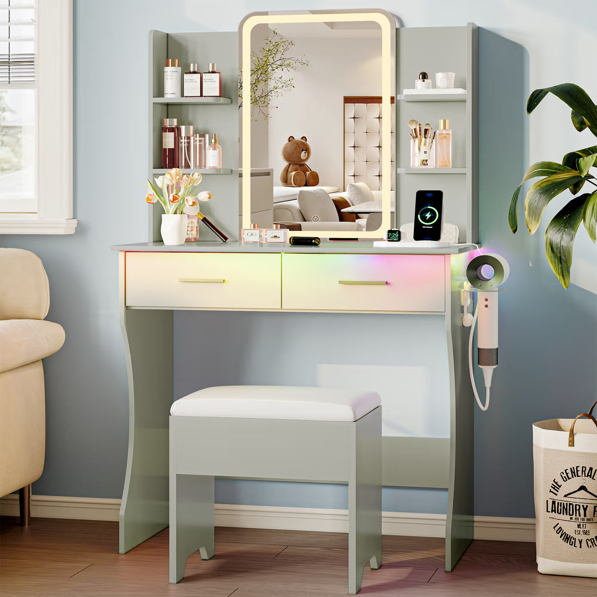 Anymaple Aurelia Green vanity desk with HD lighted mirror and lights for bedroom makeup storage