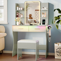 Anymaple Aurelia Green vanity desk with HD lighted mirror and lights for bedroom makeup storage
