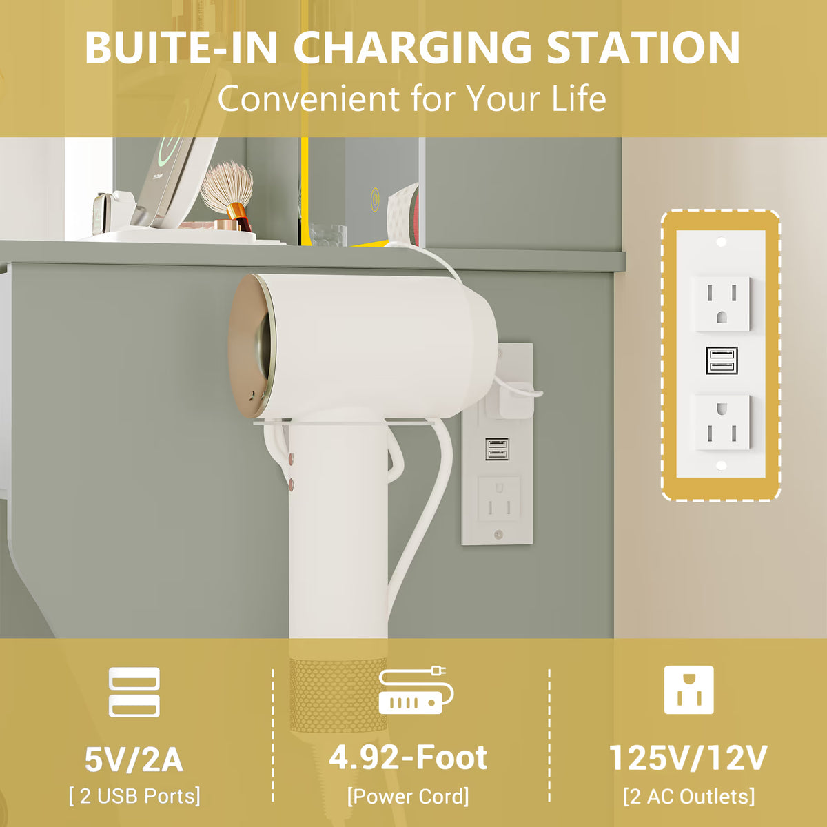 Anymaple Aurelia Green vanity desk with built in charging station, outlets USB ports and hair dryer holder