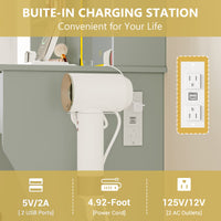 Anymaple Aurelia Green vanity desk with built in charging station, outlets USB ports and hair dryer holder