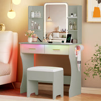 Anymaple Aurelia Green vanity desk with HD lighted mirror and lights for bedroom makeup storage