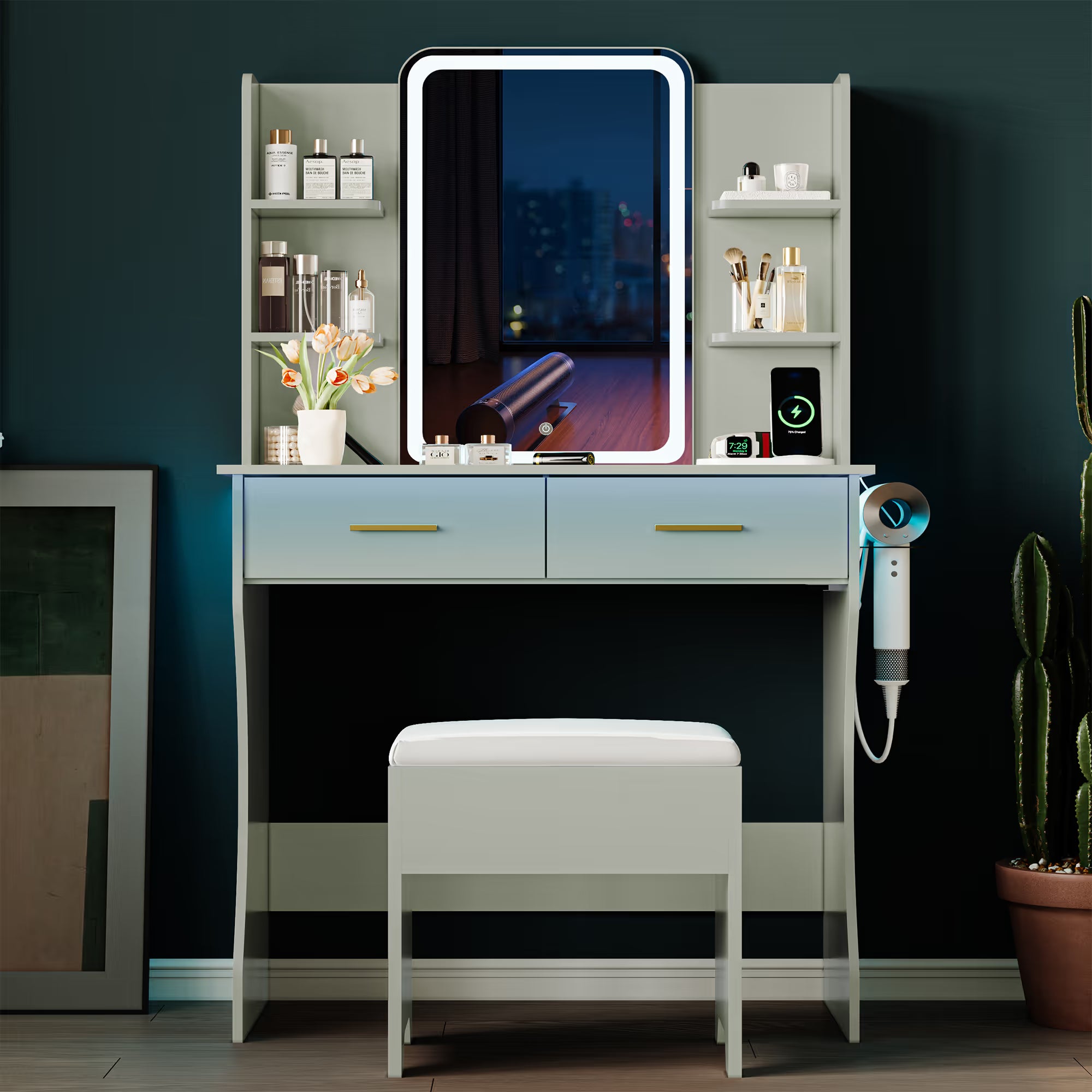 Anymaple Aurelia Green vanity desk with HD lighted mirror and lights for bedroom makeup storage