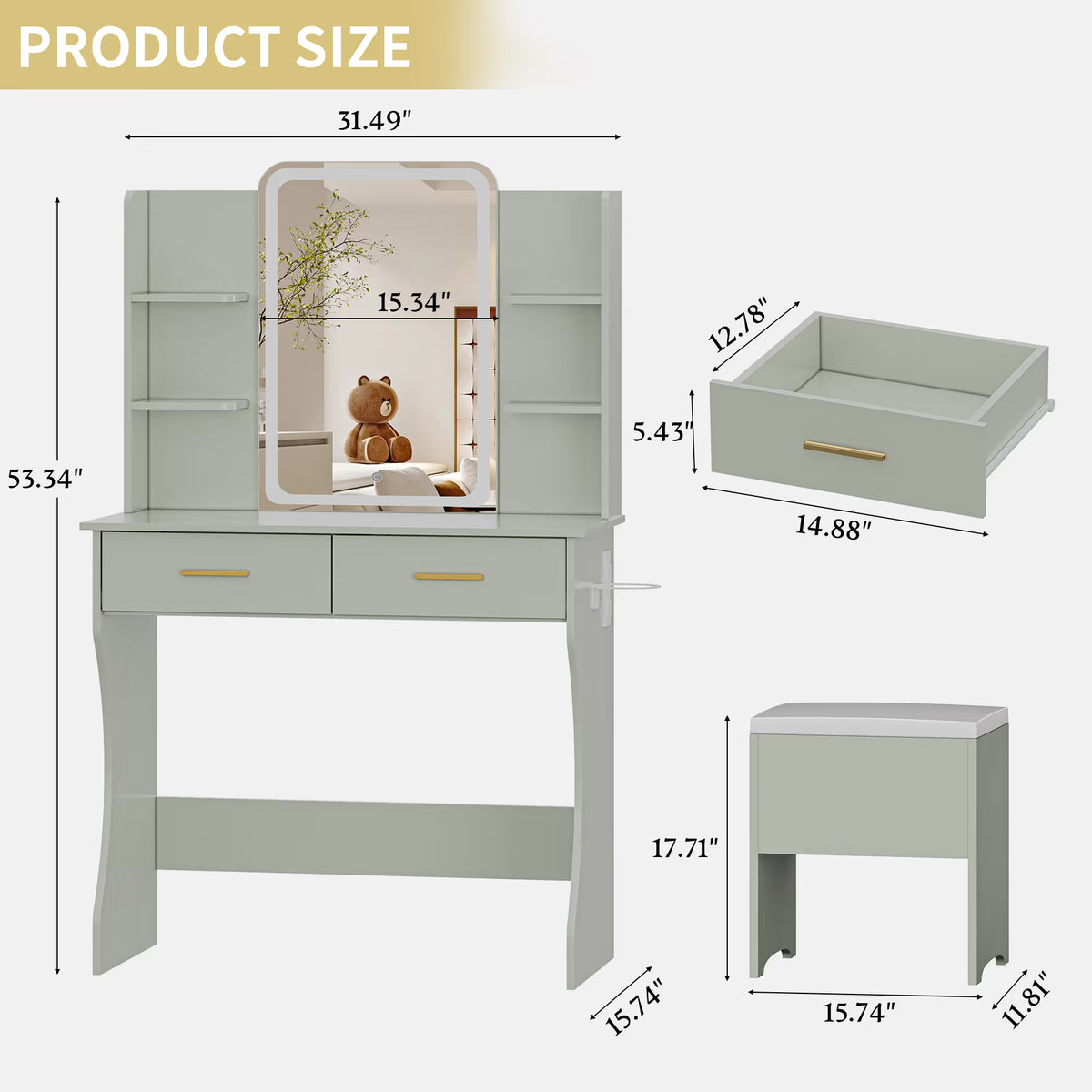 Anymaple Aurelia Green vanity desk product size dimensions, 31 inch makeup vanity with lighted mirror