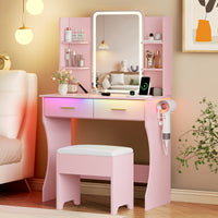 Anymaple Aurelia Pink vanity desk with HD lighted mirror and lights for bedroom makeup storage