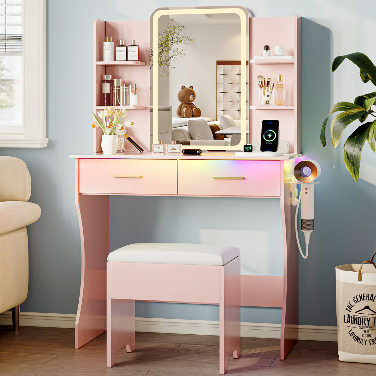 Anymaple Aurelia Pink vanity desk with HD lighted mirror and lights for bedroom makeup storage