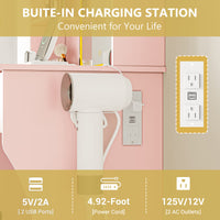 Anymaple Aurelia Pink vanity desk with built in charging station, outlets USB ports and hair dryer holder