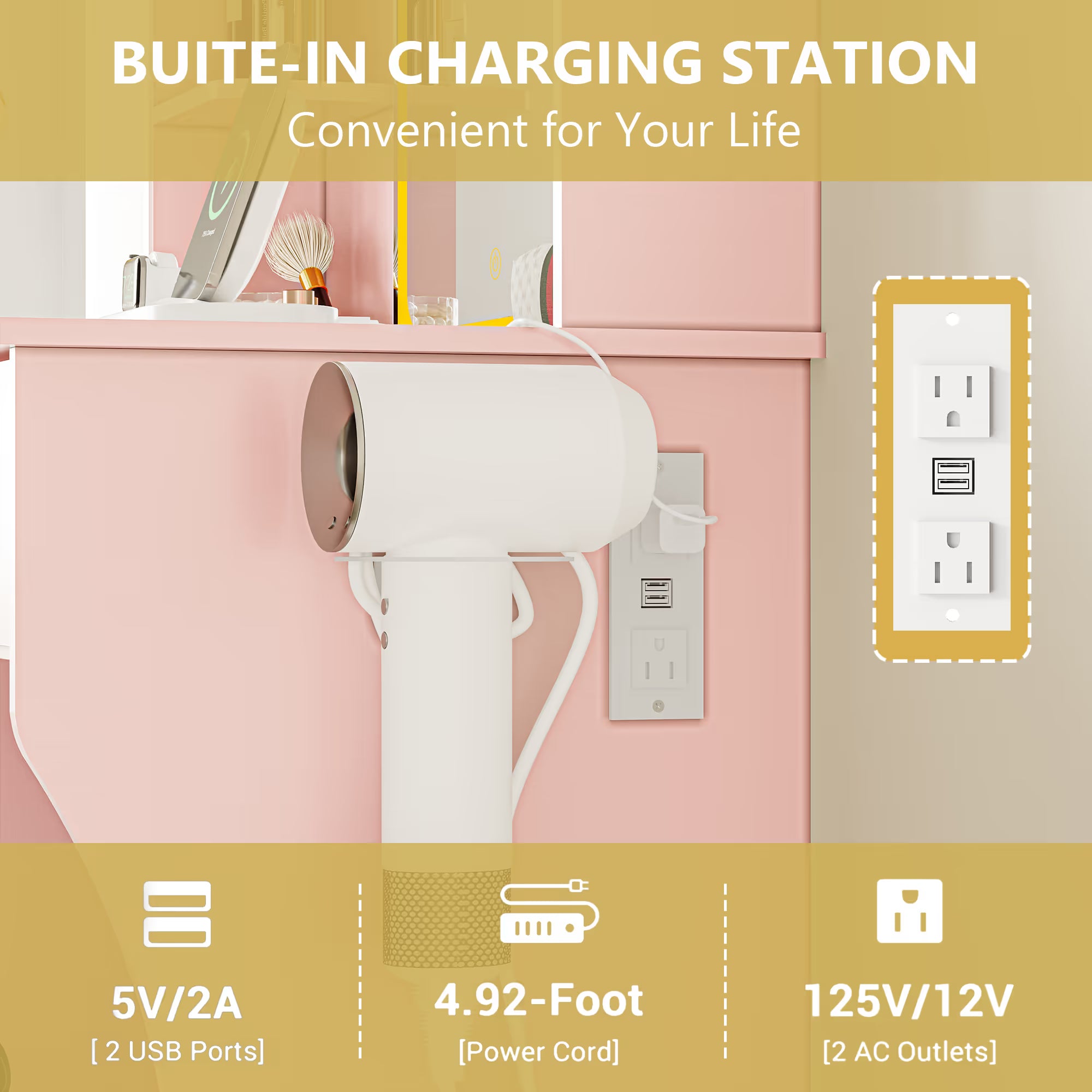 Anymaple Aurelia Pink vanity desk with built in charging station, outlets USB ports and hair dryer holder
