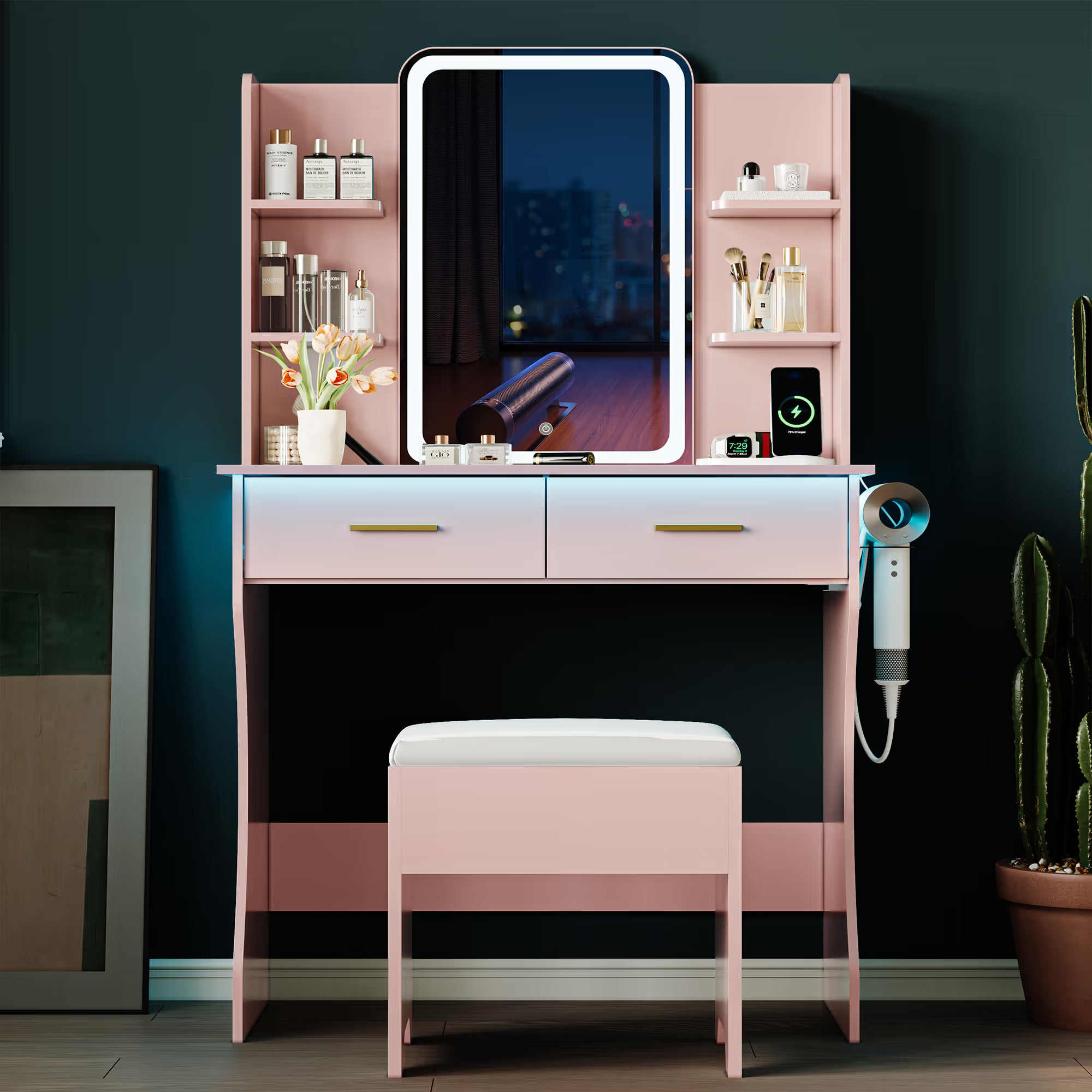 Anymaple Aurelia Pink vanity desk with HD lighted mirror and lights for bedroom makeup storage