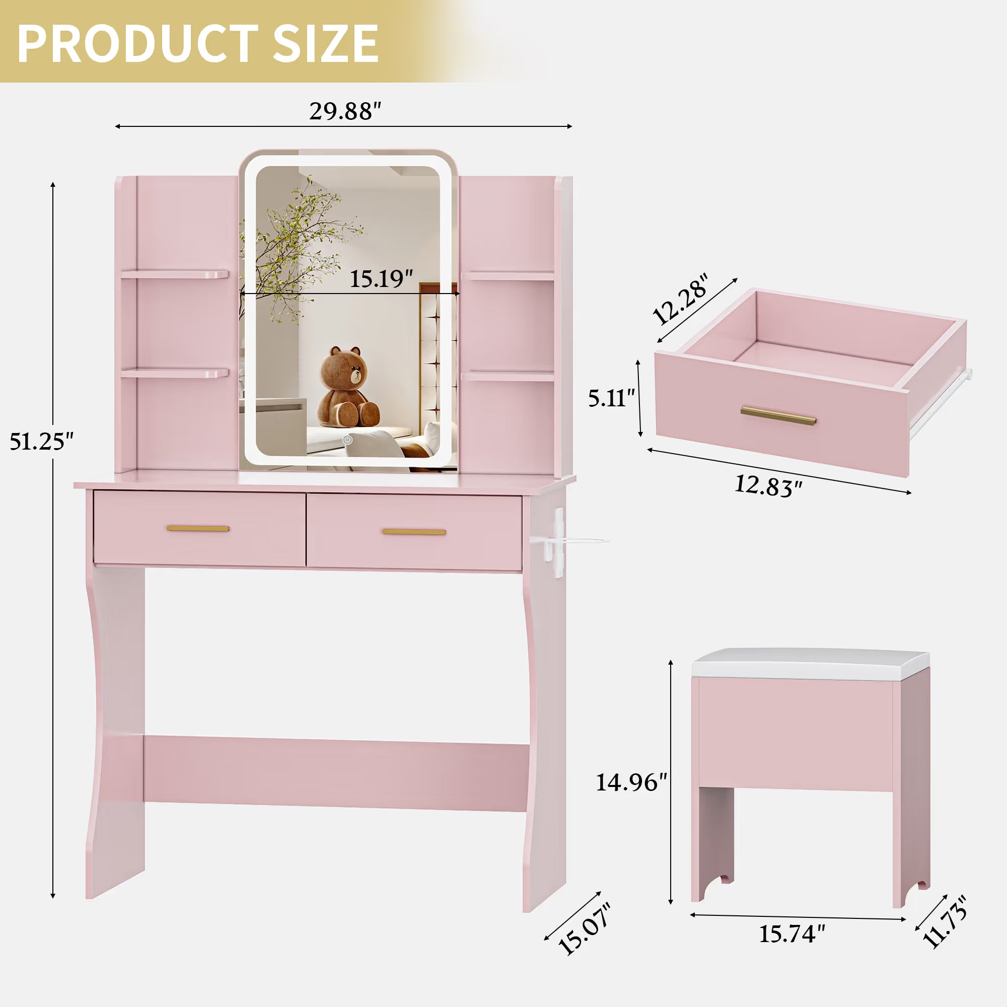 Anymaple Aurelia Pink vanity desk product size dimensions, 31 inch makeup vanity with lighted mirror