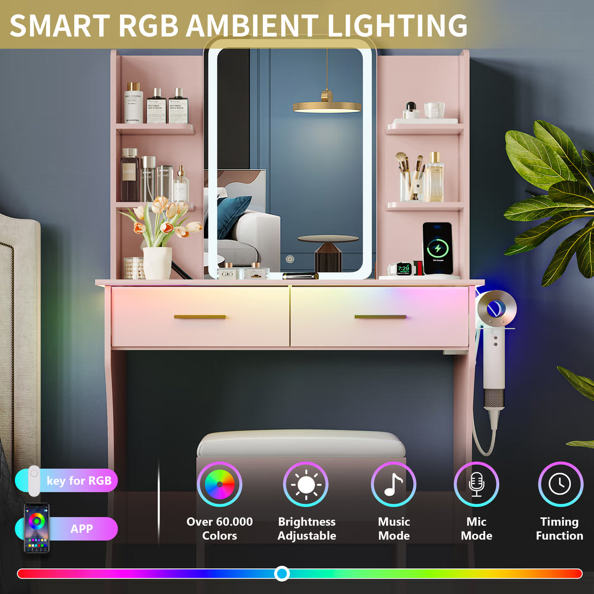 Anymaple Aurelia Pink vanity desk with RGB ambient lighting for bedroom makeup table setup