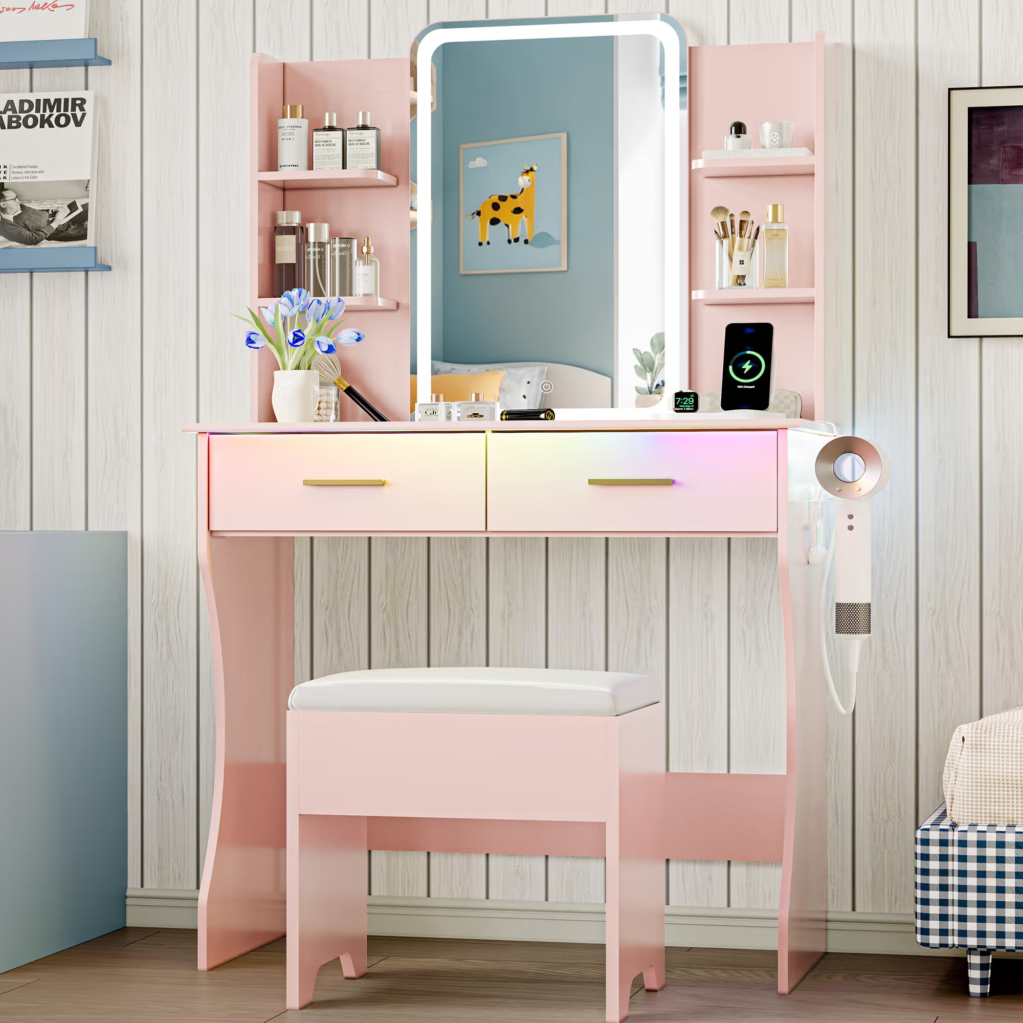 Anymaple Aurelia Pink vanity desk with HD lighted mirror and lights for bedroom makeup storage
