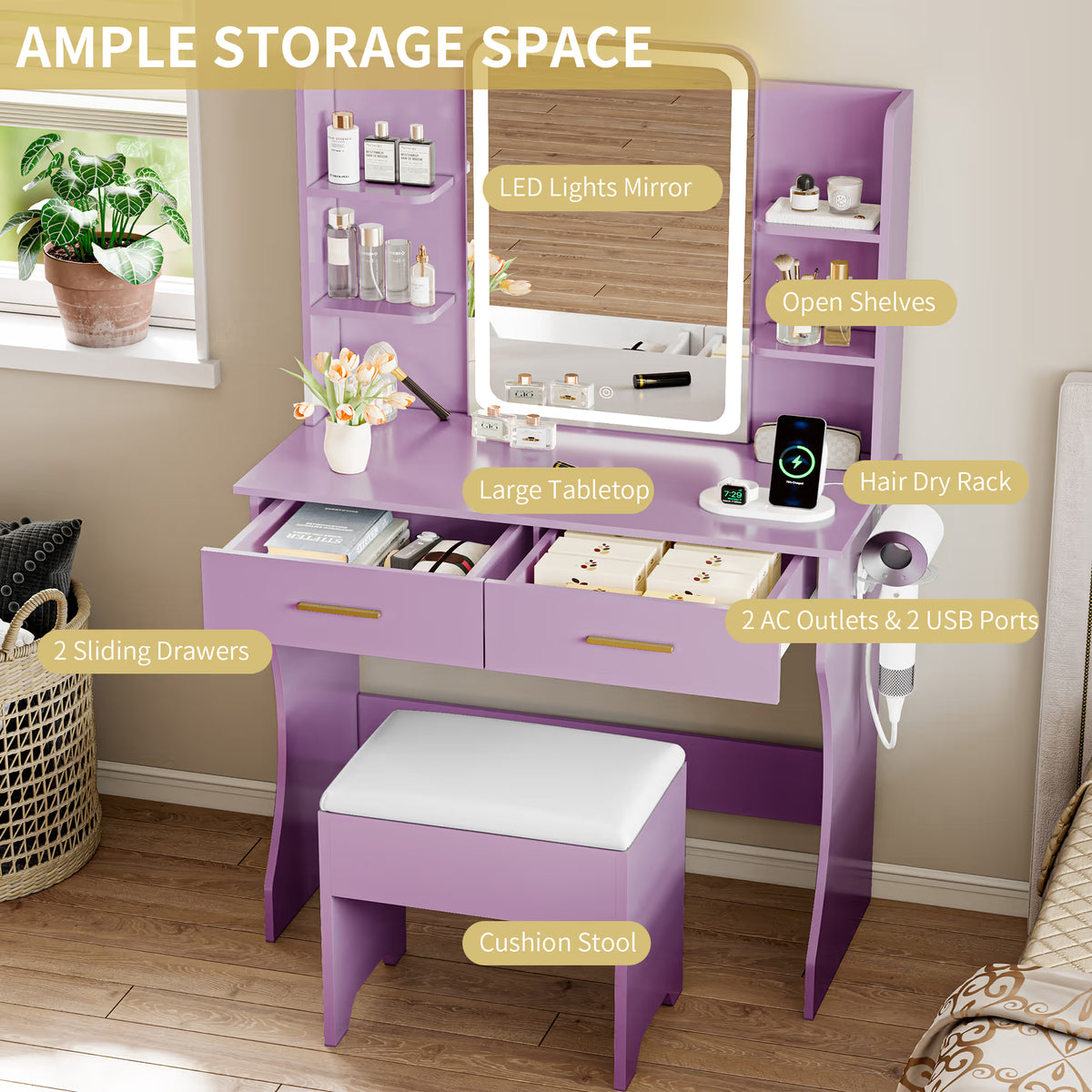 Anymaple Aurelia Purple vanity desk with 2 drawers and open shelves for makeup storage