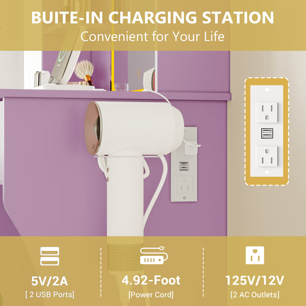 Anymaple Aurelia Purple vanity desk with built in charging station, outlets USB ports and hair dryer holder