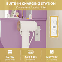Anymaple Aurelia Purple vanity desk with built in charging station, outlets USB ports and hair dryer holder