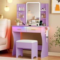Anymaple Aurelia Purple vanity desk with HD lighted mirror and lights for bedroom makeup storage