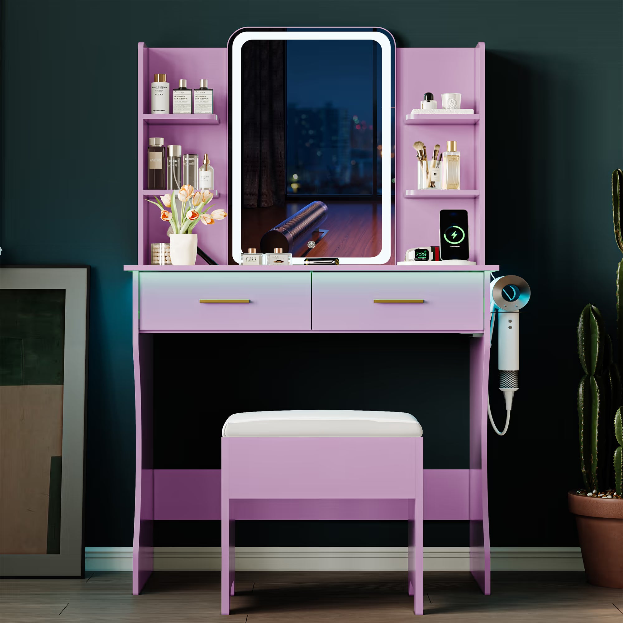 Anymaple Aurelia Purple vanity desk with HD lighted mirror and lights for bedroom makeup storage