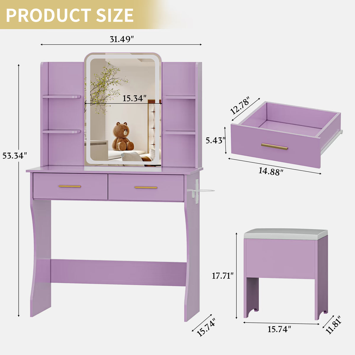 Anymaple Aurelia Purple vanity desk product size dimensions, 31 inch makeup vanity with lighted mirror
