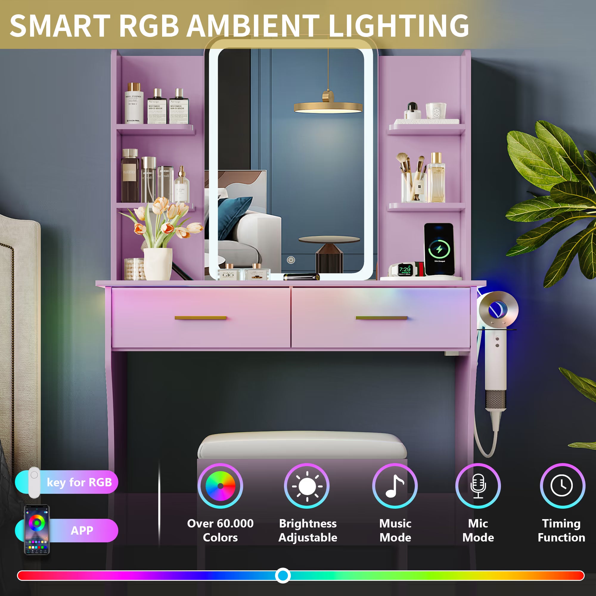 Anymaple Aurelia Purple vanity desk with RGB ambient lighting for bedroom makeup table setup