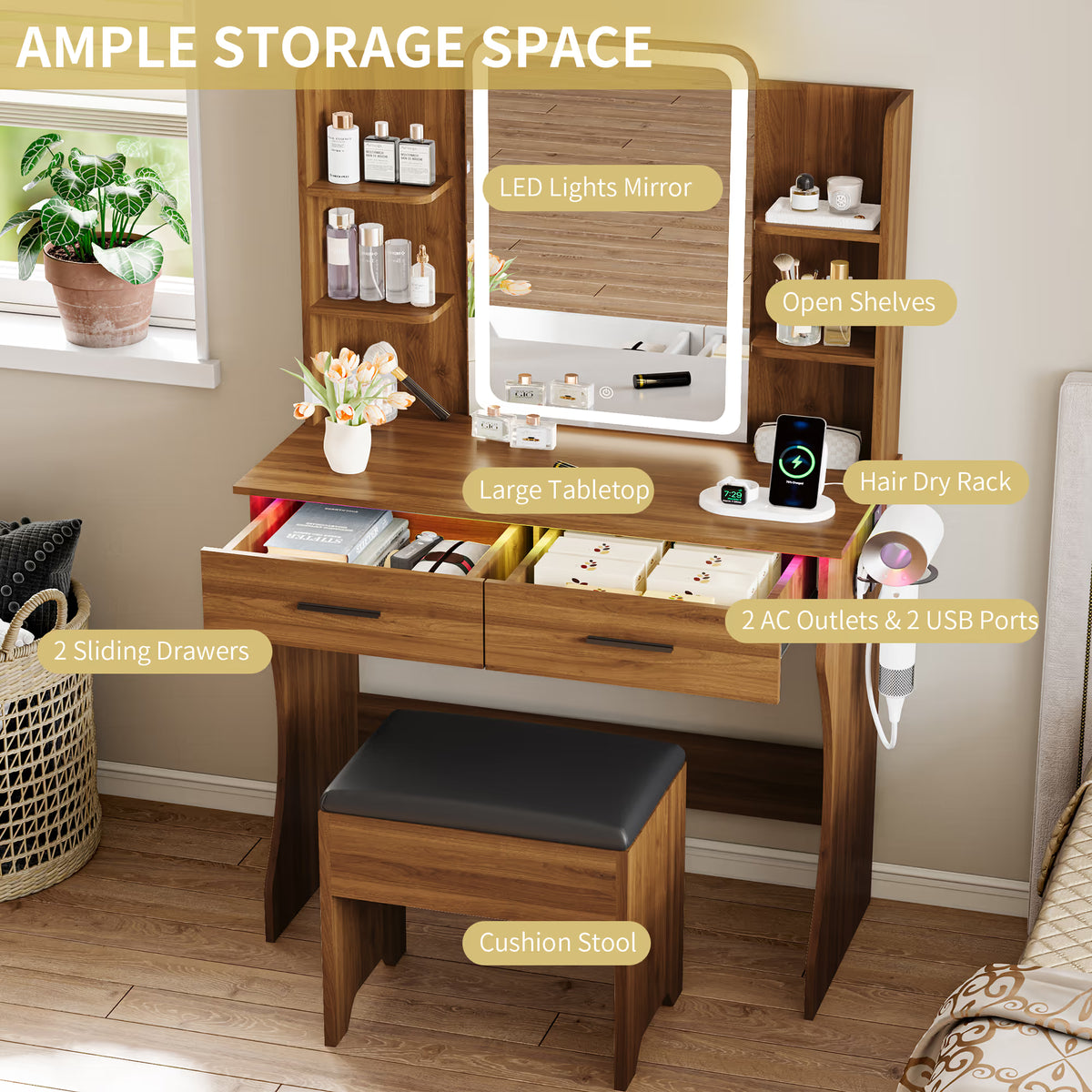 Anymaple Aurelia Walnut vanity desk with 2 drawers and open shelves for makeup storage
