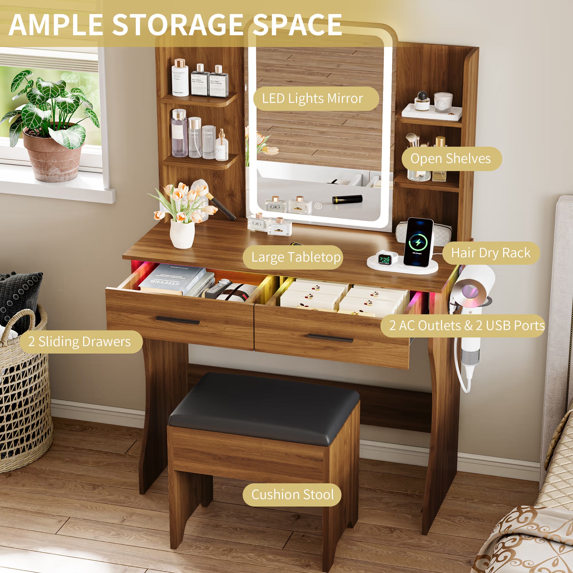 Anymaple Aurelia Walnut vanity desk with 2 drawers and open shelves for makeup storage