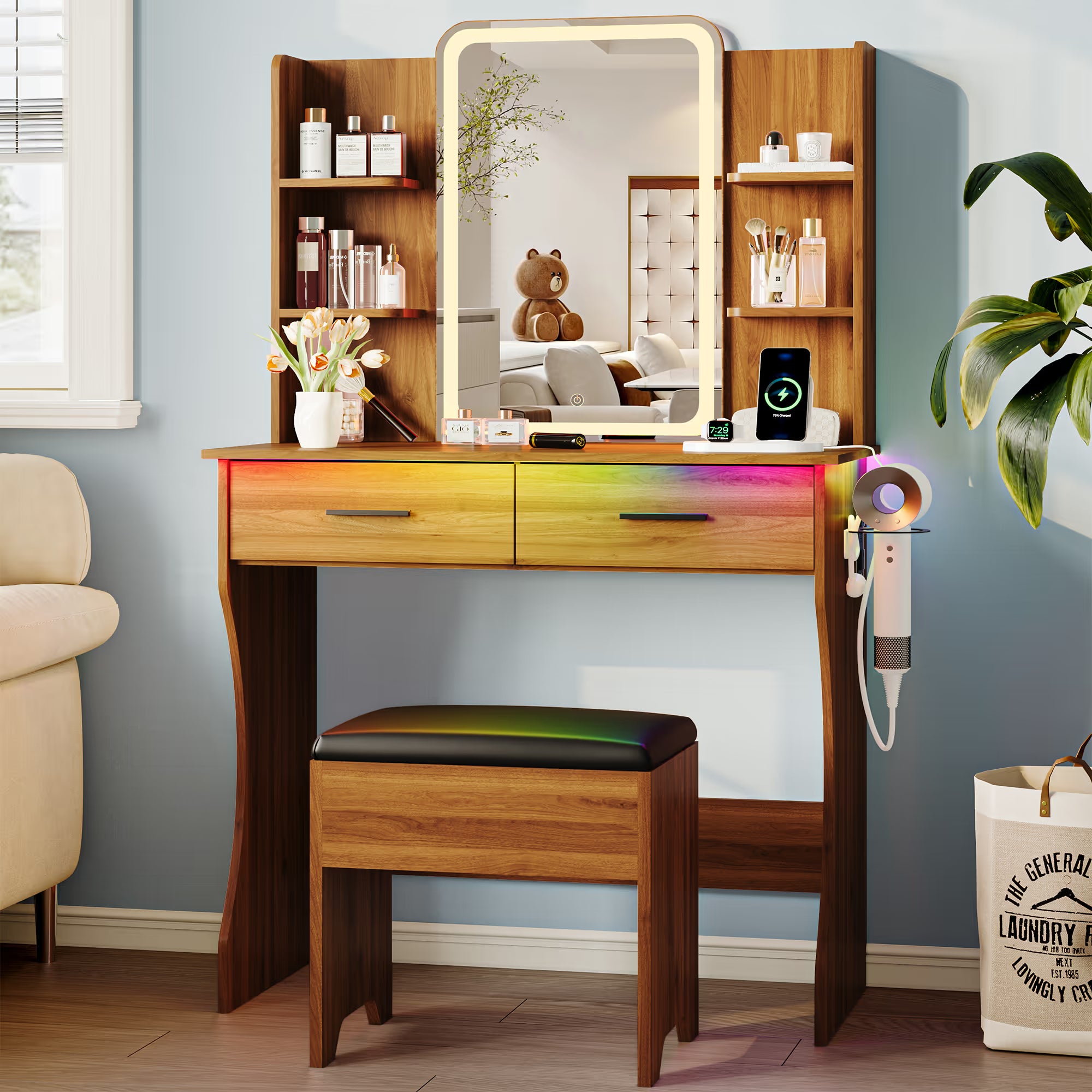 Anymaple Aurelia Walnut vanity desk with HD lighted mirror and lights for bedroom makeup storage