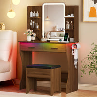 Anymaple Aurelia Walnut vanity desk with HD lighted mirror and lights for bedroom makeup storage