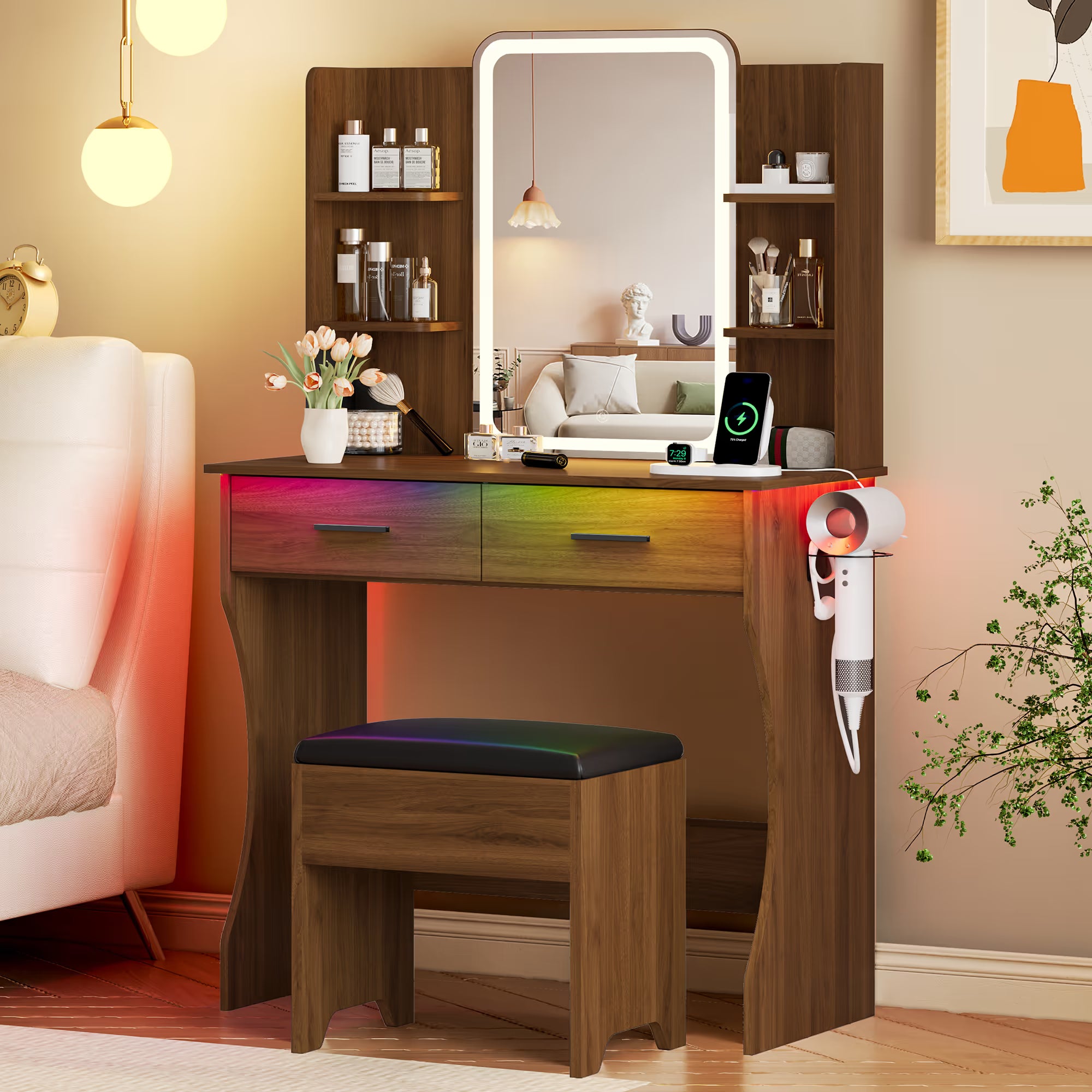 Anymaple Aurelia Walnut vanity desk with HD lighted mirror and lights for bedroom makeup storage