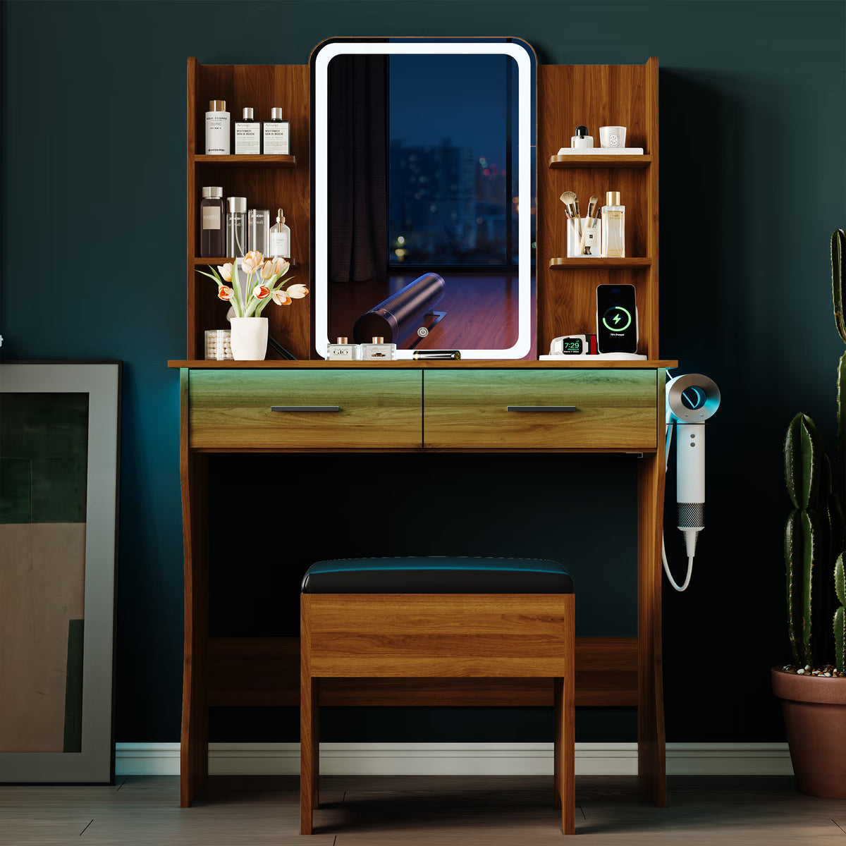 Anymaple Aurelia Walnut vanity desk with HD lighted mirror and lights for bedroom makeup storage