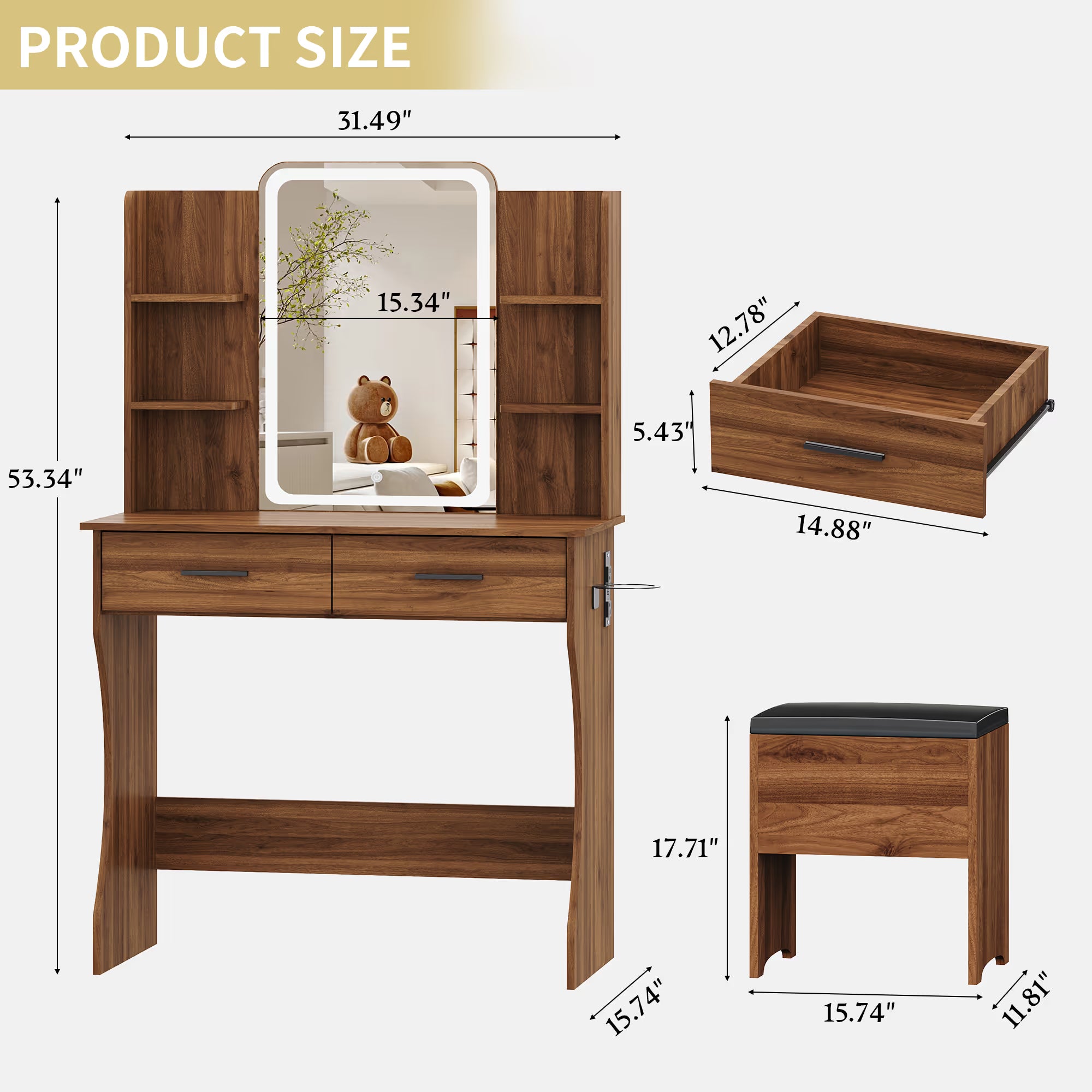 Anymaple Aurelia Walnut vanity desk product size dimensions, 31 inch makeup vanity with lighted mirror