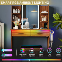 Anymaple Aurelia Walnut vanity desk with RGB ambient lighting for bedroom makeup table setup