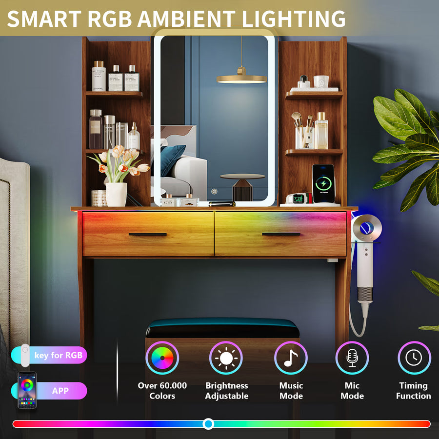 Anymaple Aurelia Walnut vanity desk with RGB ambient lighting for bedroom makeup table setup