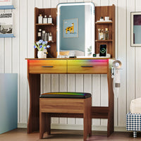 Anymaple Aurelia Walnut vanity desk with HD lighted mirror and lights for bedroom makeup storage