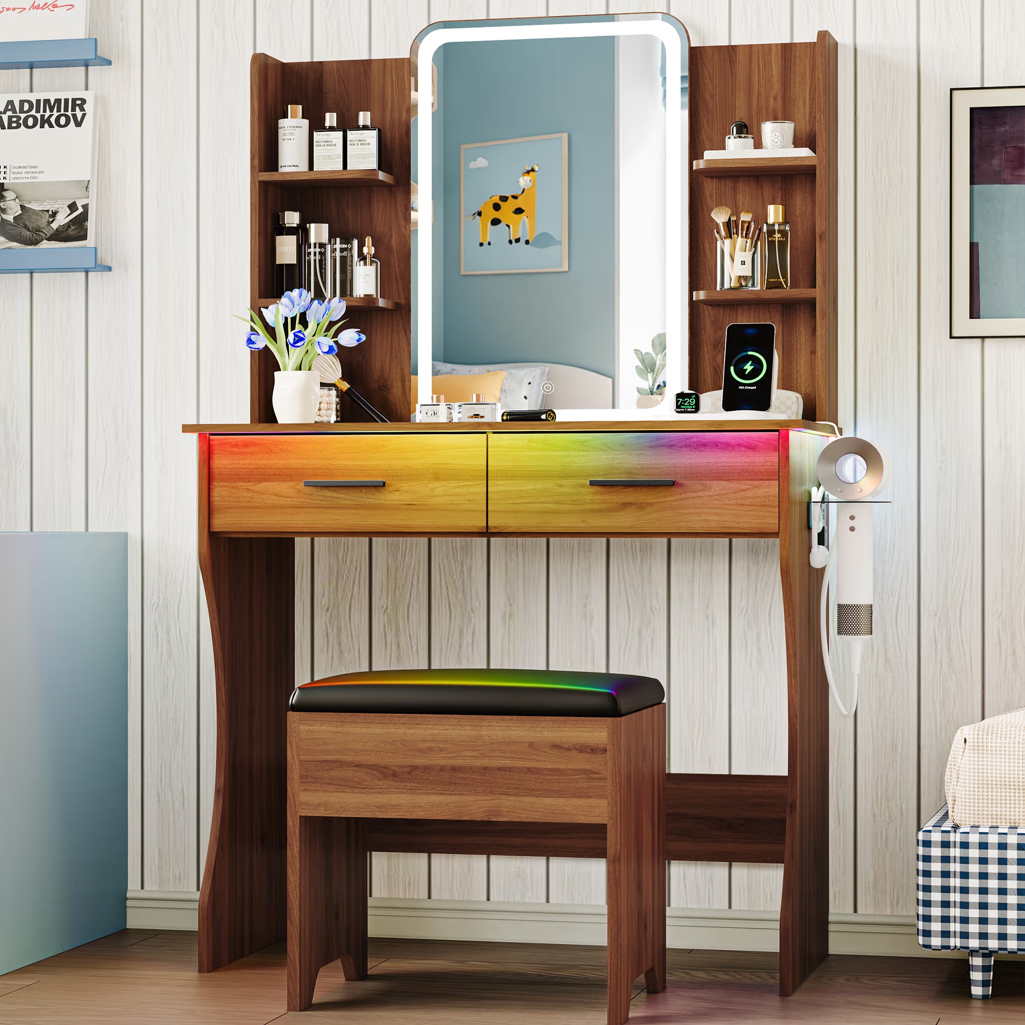 Anymaple Aurelia Walnut vanity desk with HD lighted mirror and lights for bedroom makeup storage