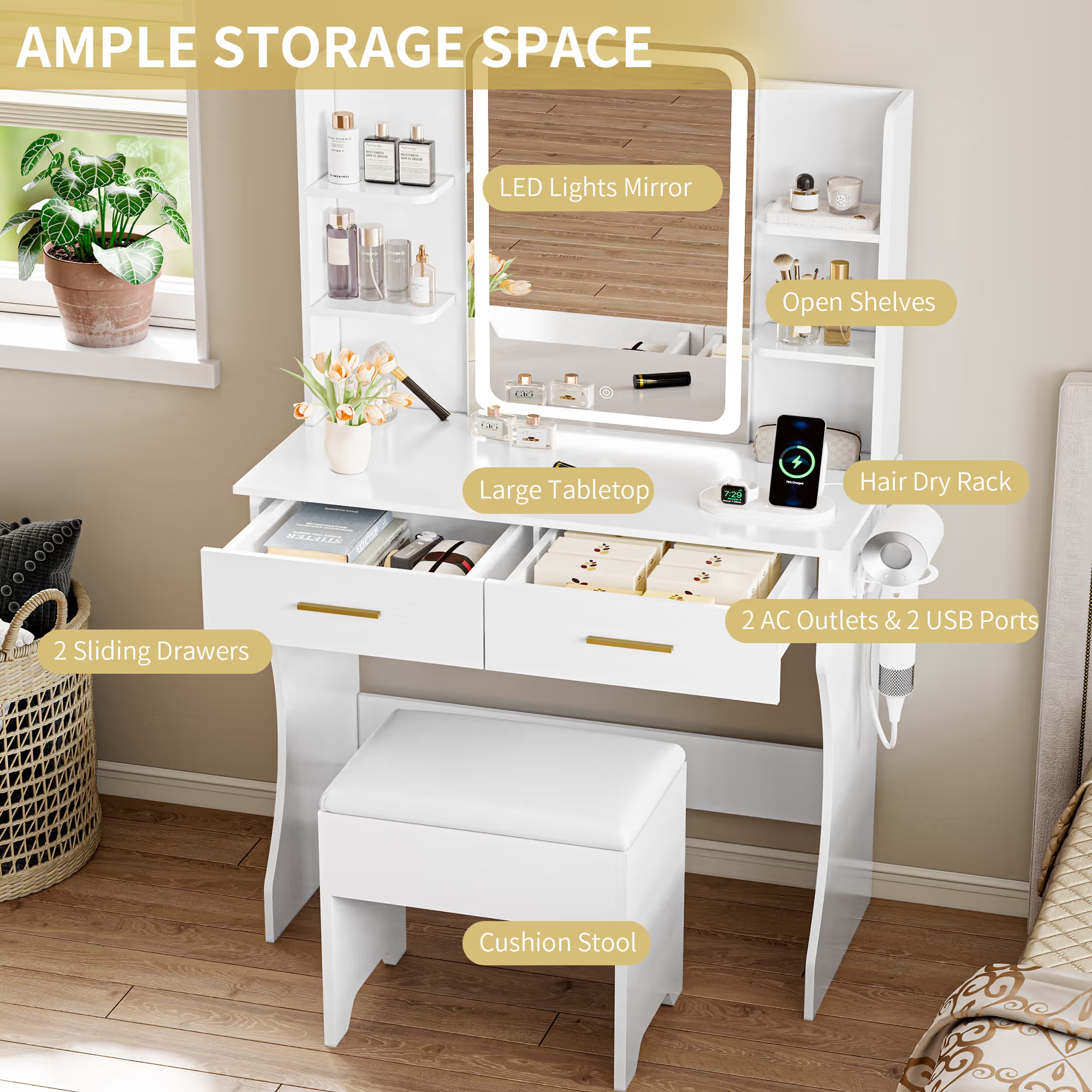 Anymaple Aurelia White vanity desk with 2 drawers and open shelves for makeup storage