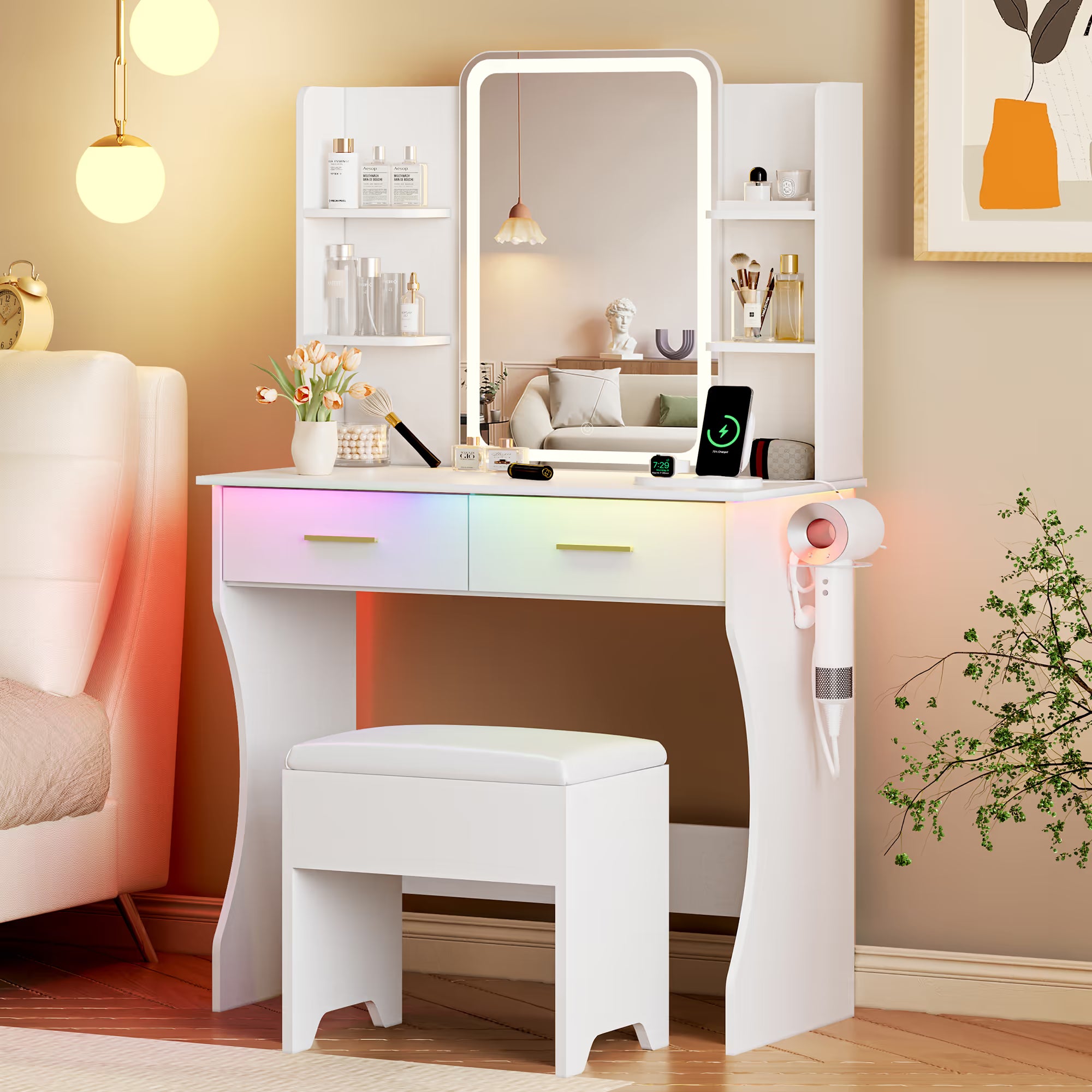 Anymaple Aurelia White vanity desk with HD lighted mirror and lights for bedroom makeup storage