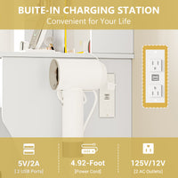 Anymaple Aurelia White vanity desk with built in charging station, outlets USB ports and hair dryer holder