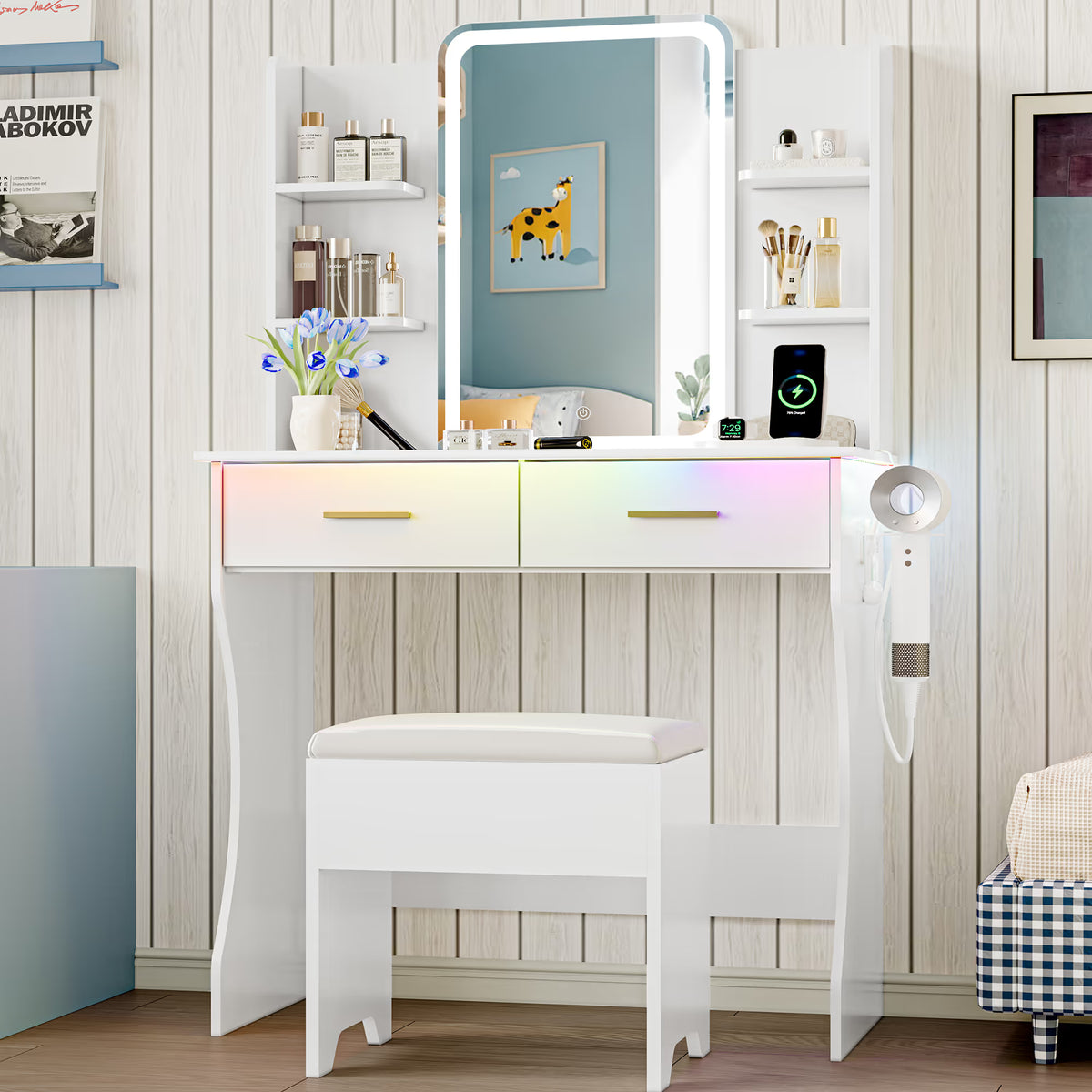 Anymaple Aurelia White vanity desk with HD lighted mirror and lights for bedroom makeup storage