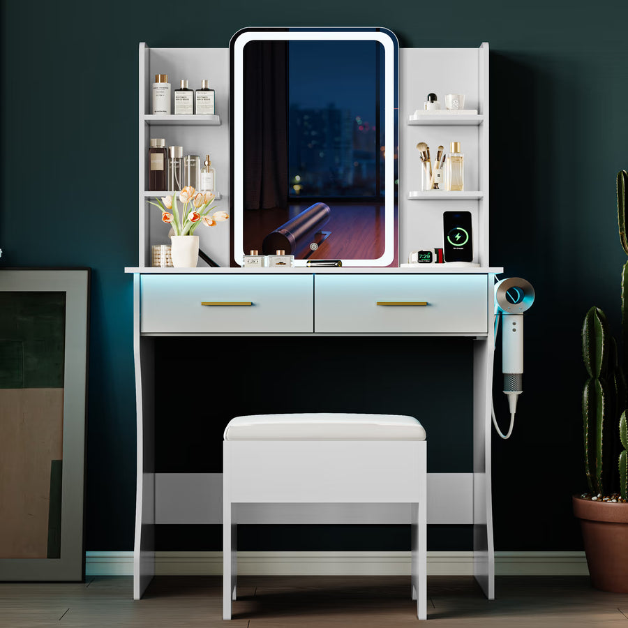 Anymaple Aurelia White vanity desk with HD lighted mirror and lights for bedroom makeup storage