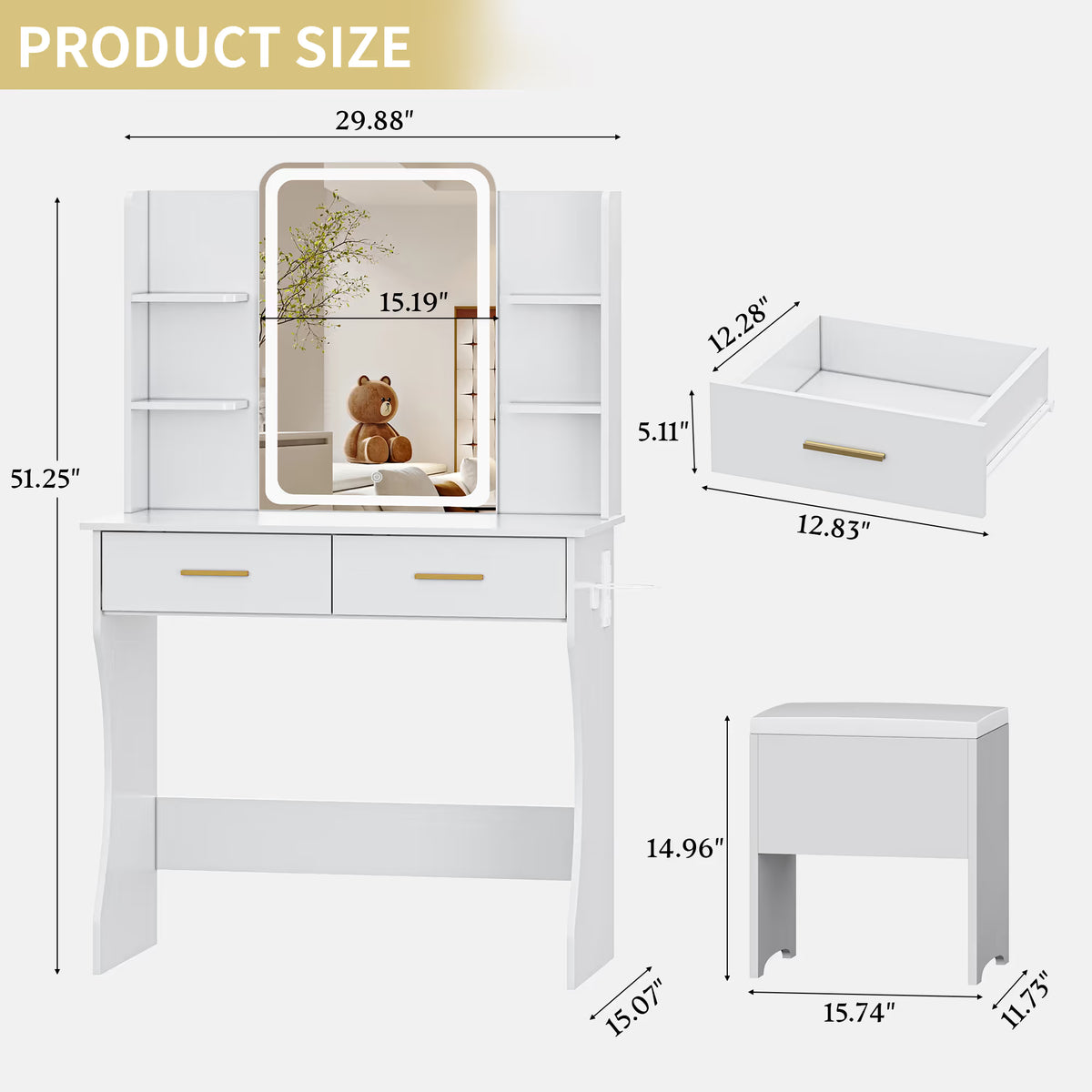 Anymaple Aurelia White vanity desk product size dimensions, 31 inch makeup vanity with lighted mirror