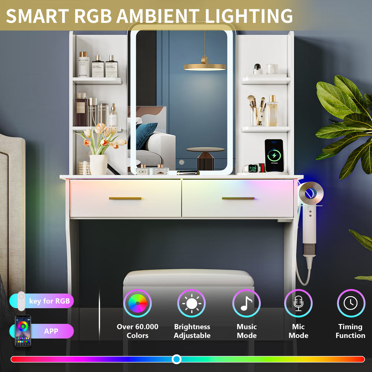 Anymaple Aurelia White vanity desk with RGB ambient lighting for bedroom makeup table setup