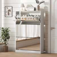 Modern Slim Shoe Cabinet with Mirror, 3 Flip-Down Drawers, Hidden Handle and Space-Saving Storage for Entryway & Hallway