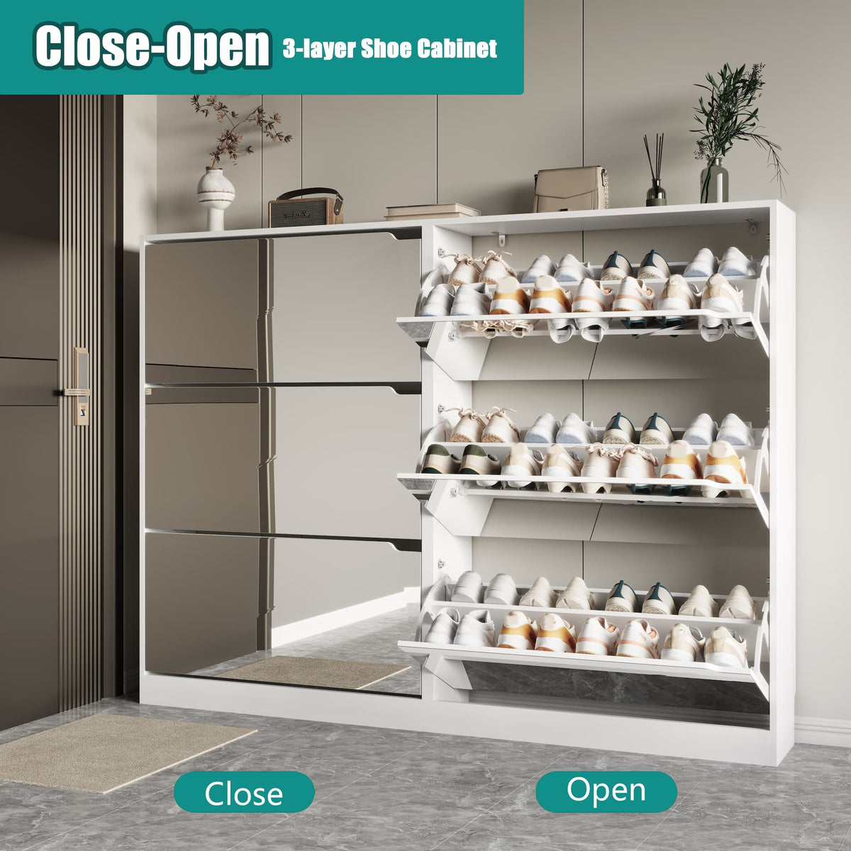 Modern Slim Shoe Cabinet with Mirror, 3 Flip-Down Drawers, Hidden Handle and Space-Saving Storage for Entryway & Hallway